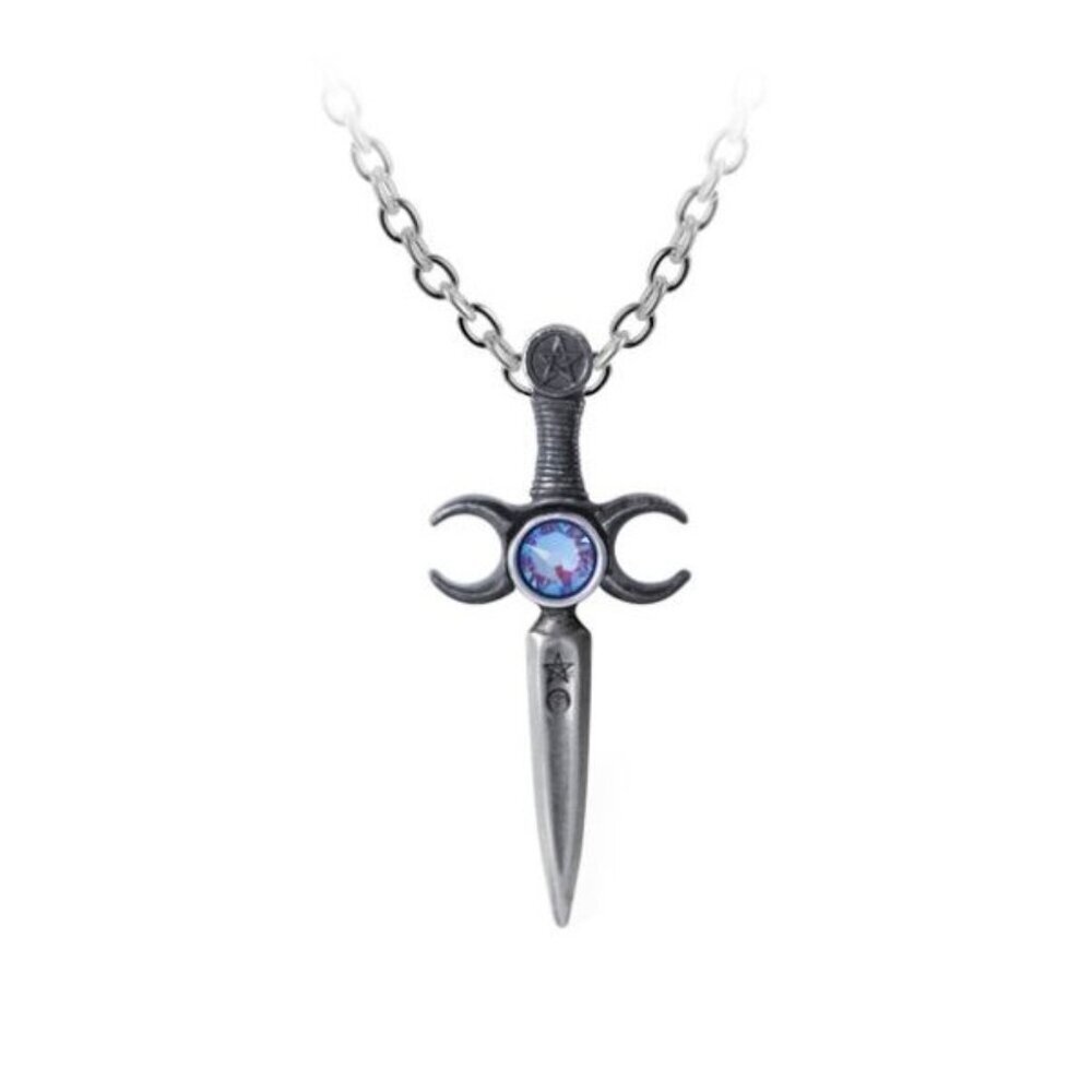 Alchemy Gothic ✦ Athame Triple Moon Pendant ✦ Wiccan Dagger Blue Crystal NWT